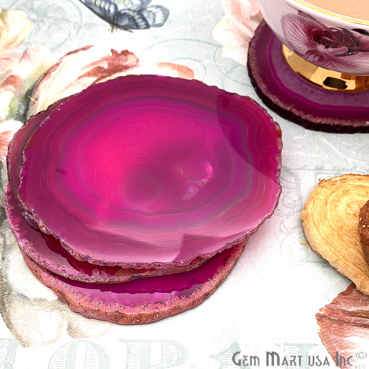 Pink Agate Coasters, Drinkware Coasters, Electroplated Agate Slice Home Décor, Agate Canvas, 1pc, GemMartUSA (PKCO)